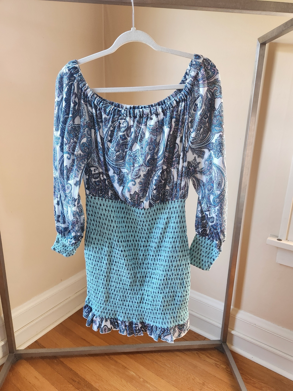 Tigerlily Blue Paisley Off-Shoulder Smocked Mini Dress